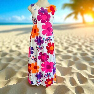 Hoaloha Vintage 70s Hawaiian Pop Art Neon Daisy Floral Maxi Dress Back Pleat